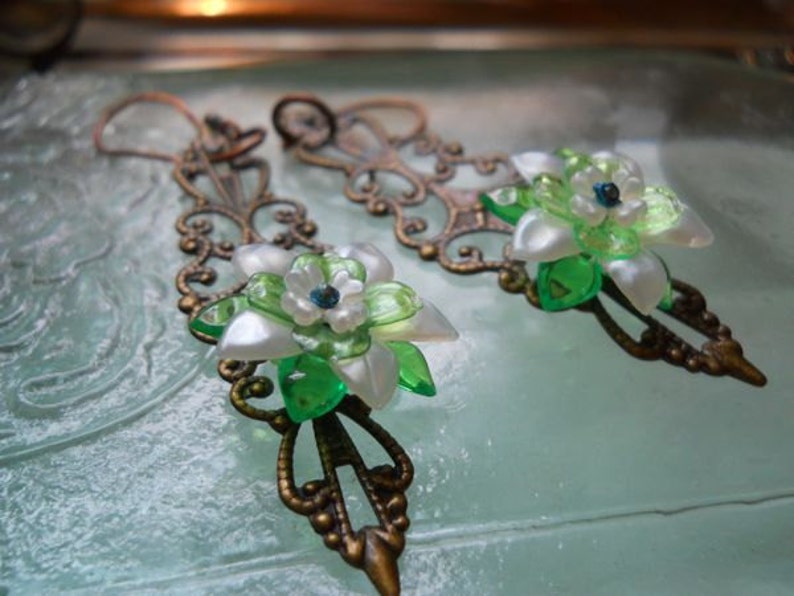 White and Green Spring Flower Brass Filigree Earrings image 4