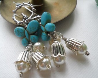 Turquoise Butterfly and Pearl Flower Earrings