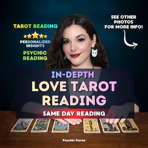 Op de afbeelding: Een afbeelding die een tarotleesservice promoot. De afbeelding toont een vrouw met donker haar en een neusring, met tekst die over de afbeelding ligt en luidt "In-Depth Love Tarot Reading" en "Same Day Reading". Er zijn ook tarotkaarten te zien.