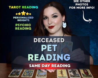 May include: An advertisement for a psychic reading service. The image features a woman with dark hair and red lipstick, with text that reads "Tarot Reading," "Personalized Insights," and "Psychic Reading." The main text says "Deceased Pet Reading" and "Same Day Reading."