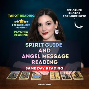May include: Image advertising psychic readings. Text reads "Tarot Reading", "Personalized Insights", "Psychic Reading", "Spirit Guide and Angel Message Reading", and "Same Day Reading". A person and tarot cards are visible.