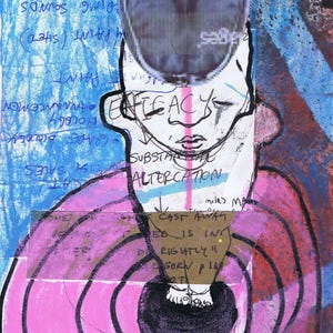 May include: A pink and black abstract painting with a collage of text and images. The text includes the words "Efficacy", "Substantial Altercation", "Cast Away", "Miles", and "Rightly".