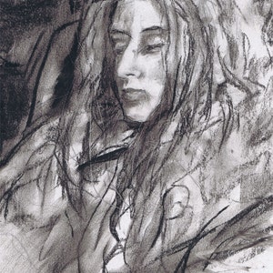 May include: A black and white charcoal drawing of a woman with long hair, her face is partially obscured by her hair. The drawing is done in a loose, expressive style.