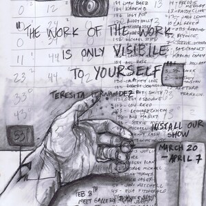 May include: A black and white drawing of a hand holding a piece of paper with handwritten text. The text includes a list of names and dates, and the phrase "The work of the work is only visible to yourself".