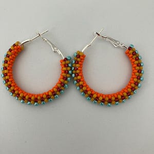 Beaded Hoop Earrings Red, Yellow, Orange and Turquoise