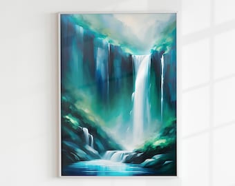 朝の熱帯林の美しい滝、デジタルダウンロードの壁アートの油絵。滝の