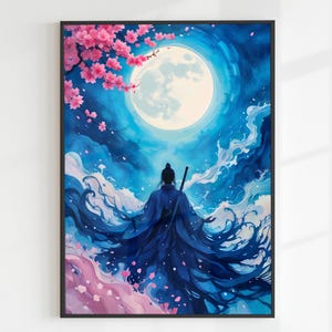 samurai art, abstract warrior, moonlit meditation, fantasy painting, Japanese aesthetic, cherry blossoms, mystical night, zen artwork