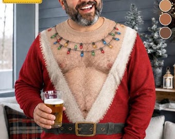 Individuell gestaltetes 3D-Weihnachtspullover-Sweatshirt mit künstlichen Bauchmuskeln und Fell, lustiges Weihnachtspullover-Sweatshirt mit hässlichem Weihnachtsmann-Motiv, Scherzartikel-Geschenk für den Ehemann, niedlicher 3D-Weihnachtspullover, e322LhDc