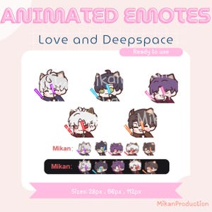 Peut inclure: Émoticônes animées sur fond rose. Le texte "ANIMATED EMOTES" et "Love and Deepspace" sont affichés. L'image présente des personnages de dessins animés avec des oreilles de chat tenant des bâtons lumineux. Tailles : 28px, 56px et 112px.