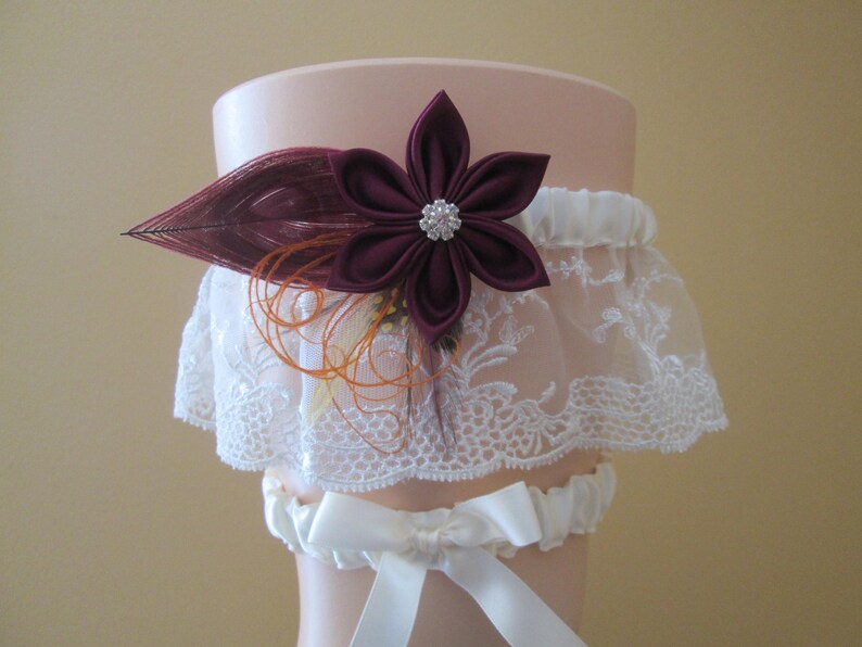 Autumn- Fall- Harvest Weddings Peacock Garter Rustic Garter Set Burgundy- Maroon WEDDING Garter Set Burlap /& Ivory Lace Garters