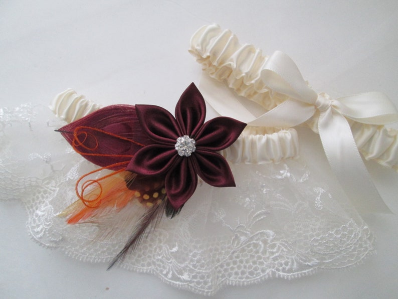 Autumn- Fall- Harvest Weddings Peacock Garter Rustic Garter Set Burgundy- Maroon WEDDING Garter Set Burlap /& Ivory Lace Garters