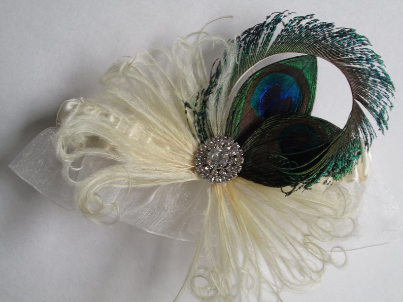 Peacock Wedding Garter Set, Ivory Sheer Bridal Garters w/ Rhinestone Crystal, Vintage 20s, Art Deco, Fairy Fantasy Wedding image 4