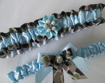 CAMO Light Blue Wedding Garter Set, Light Blue Prom Garters, Army / Military Camo Bride , Patriotic Bride, Memorial Day Wedding