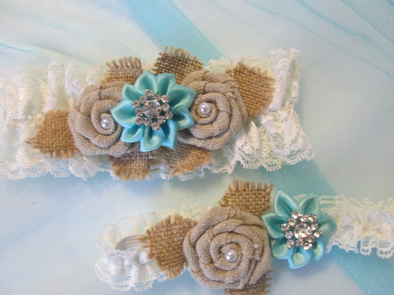 Aqua Blue Wedding Garter Set Burlap Rustic Garter Vintage Style Shabby Ivory Lace Garter Country Light Teal Turquoise Garters