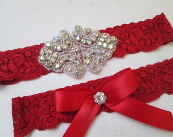 Red Christmas Wedding Garter Set, Red Lace Garter w/ Crystals, Bling Garter,  Christmas Garter, Rustic Garters, Country Bride