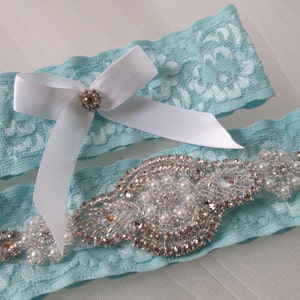 Something Blue Lace Wedding Garter Set, Light Blue Prom Garters, Aqua Teal Bridal Garter, Pearls