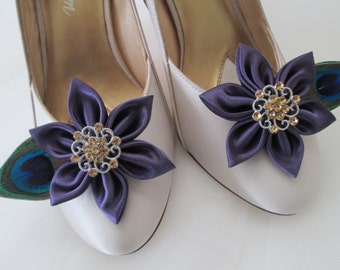 Plum Purple Wedding Shoe Clips, Peacock Shoe Clips, Purple Kanzashi Flower, Eggplant, Amethyst Purple Bride Shoe Accessories, Wedding Shoes