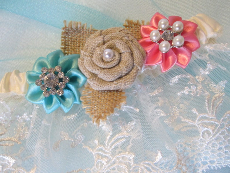 Rustic Garter Something Blue Teal and Coral Garters Country Bride Coral /& Aqua Blue Wedding Garter Set Ivory Lace Garter