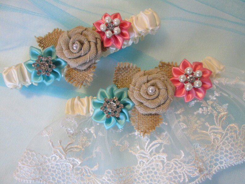 Rustic Garter Something Blue Teal and Coral Garters Country Bride Coral /& Aqua Blue Wedding Garter Set Ivory Lace Garter