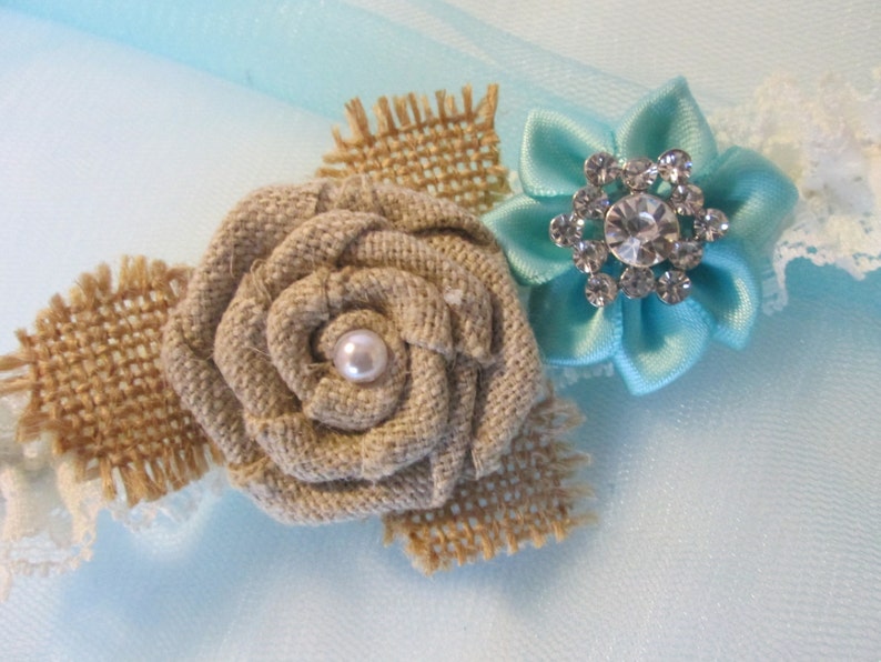 Aqua Blue Wedding Garter Set Burlap Rustic Garter Vintage Style Shabby Ivory Lace Garter Country Light Teal Turquoise Garters