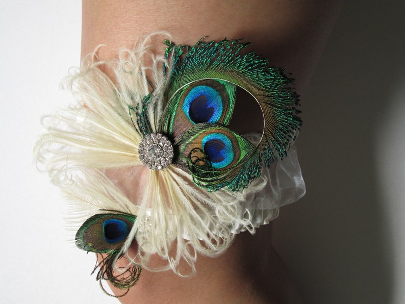 Peacock Wedding Garter Set, Ivory Sheer Bridal Garters w/ Rhinestone Crystal, Vintage 20s, Art Deco, Fairy Fantasy Wedding image 1