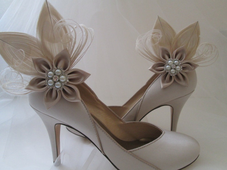 Champagne Wedding Shoe Clips Ivory Peacock Feather Bridal Etsy