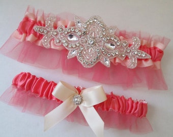 Coral WEDDING Garter Set, Coral & Ivory Garters, Coral Pink Garter w/ Crystals, Rhinestones, Rustic Bridal Garter