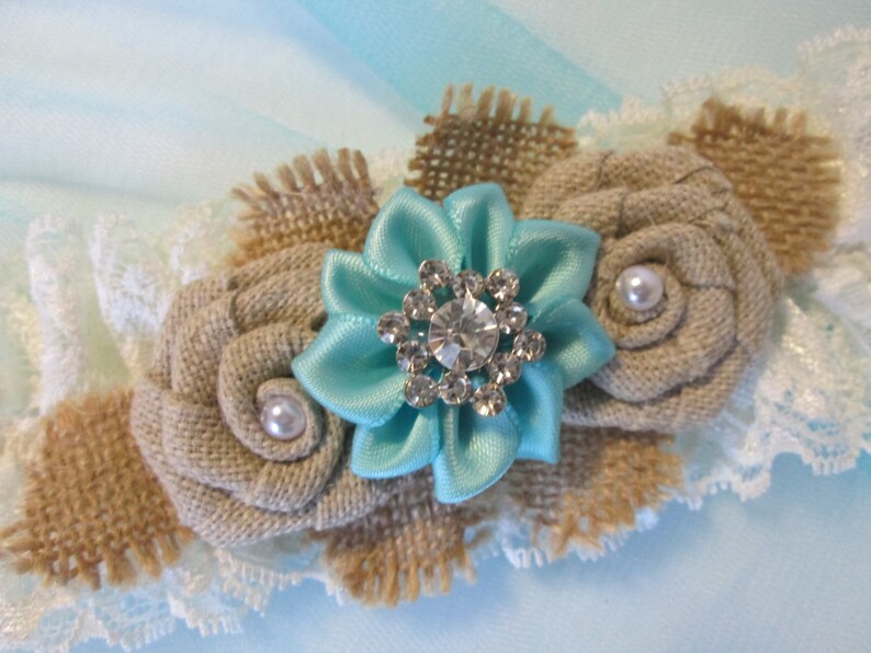 Aqua Blue Wedding Garter Set Burlap Rustic Garter Vintage Style Shabby Ivory Lace Garter Country Light Teal Turquoise Garters