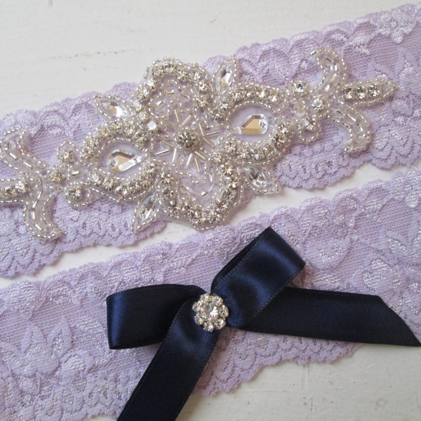 Lilac Purple Lace Wedding Garter Set, Ultra Violet - Navy Blue Garter, Lavender Garter w/ Rhinestones, Something Blue, Rustic- Country Bride