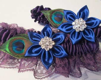 Royal Blue & Purple Wedding Garter Set, Purple Peacock Garter, Plum Purple Lace Bridal Garter w/ Sapphire Blue Flower, Something Blue Garter