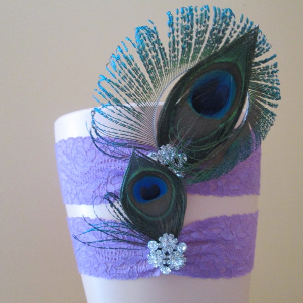 Peacock Wedding Garter Set, Ultra Violet Garters, Purple Orchid Garters, Purple Lace Bridal Garters w/ Pearls, Peacock Bride