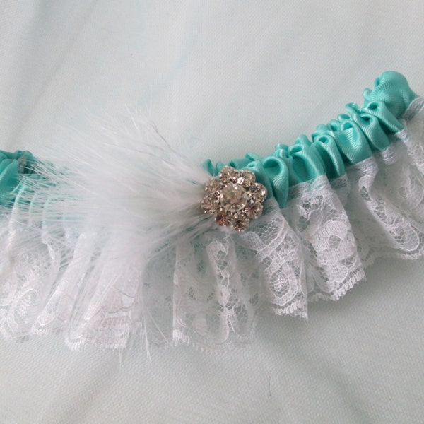 Aqua Blue PROM 2019 Garter, Teal Blue Wedding Garter, White Lace Bridal Garter with Feather & Crystal, Something Blue, Keep - Toss Garter