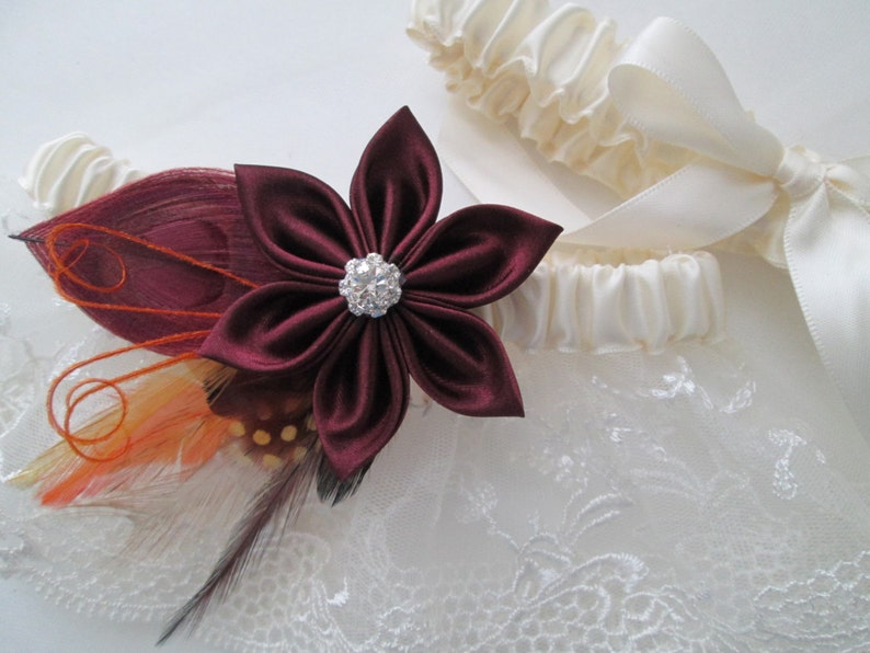 Autumn- Fall- Harvest Weddings Peacock Garter Rustic Garter Set Burgundy- Maroon WEDDING Garter Set Burlap /& Ivory Lace Garters