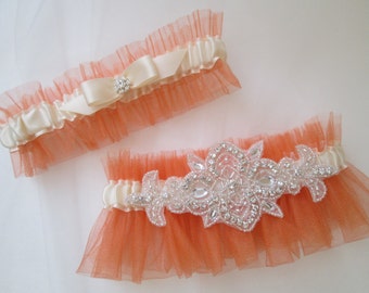 Burnt Orange Bridal Garter Set, Rustic Garter Set, Ivory Bridal Garters with Bling / Rhinestone, Pumpkin Orange Garter, Fall / Autumn Bride