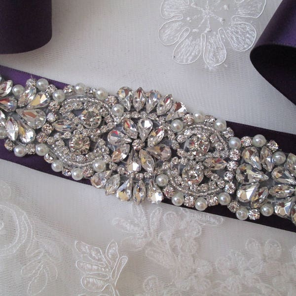 Eggplant Ultra Violet Purple Bridal Sash, Plum Purple Wedding Belt, Crystal Bridal Belt, Amethyst Sash Belt, Rhinestone-Diamond Wedding Sash