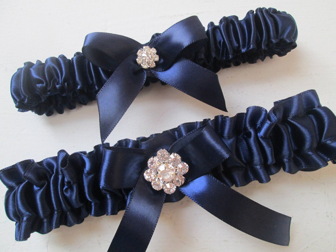 Navy Blue And Beige Satin And Lace Wedding Garter Set #2553910 - Weddbook