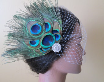 PEACOCK Veil, Peacock Wedding Hair Flower Fascinator, Bridal Bandeau Veil, Bride's Peacock Feather Hair Piece, Head Piece, Vintage Bride