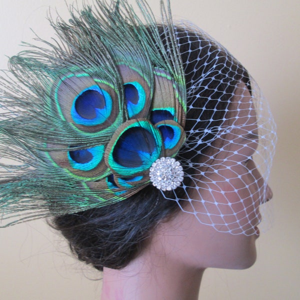 Peacock Veil, Peacock Wedding Hair Flower Fascinator, Nudal Bandeau Veil, Bride’s Peacock Feather Hair Piece, Head Piece, Vintage Bride