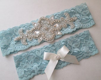 Teal Blue Wedding Garter Set, Something Blue Lace Garters, Rhinestone, Teal Lace Bride's Garter, Rustic Antique Blue Garters, Prom Garter