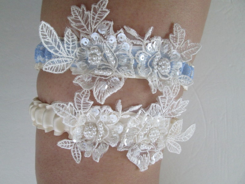 Vintage Style Garter w Pearls Ivory Rose Lace Garter Bridal Blue Garter Something Blue WEDDING Garter Set