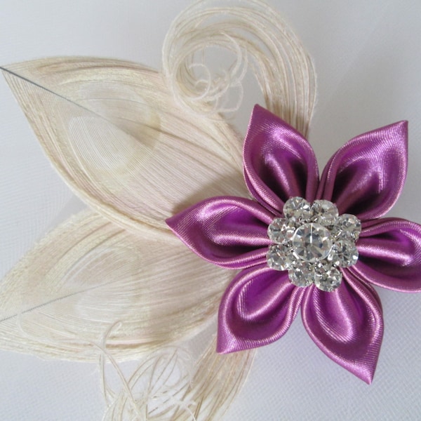 Purple Peacock Wedding Head Piece, Radiant Orchid Hair Flower Clip, Purple Wedding Fascinator, Orchid Purple Flower, Blusher Birdcage Veil