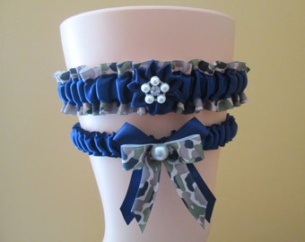 Military Navy CAMO Wedding Garter Set, Navy Bridal Garters, Navy Blue Garter, Something Blue, Air Force- Country- Military Bride