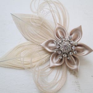 Champagne Bridal Hair Fascinator, Ivory Peacock Bridal Head Piece w/ Snowflake, Christmas December Bride, Rustic Bridal Blusher Veil image 2