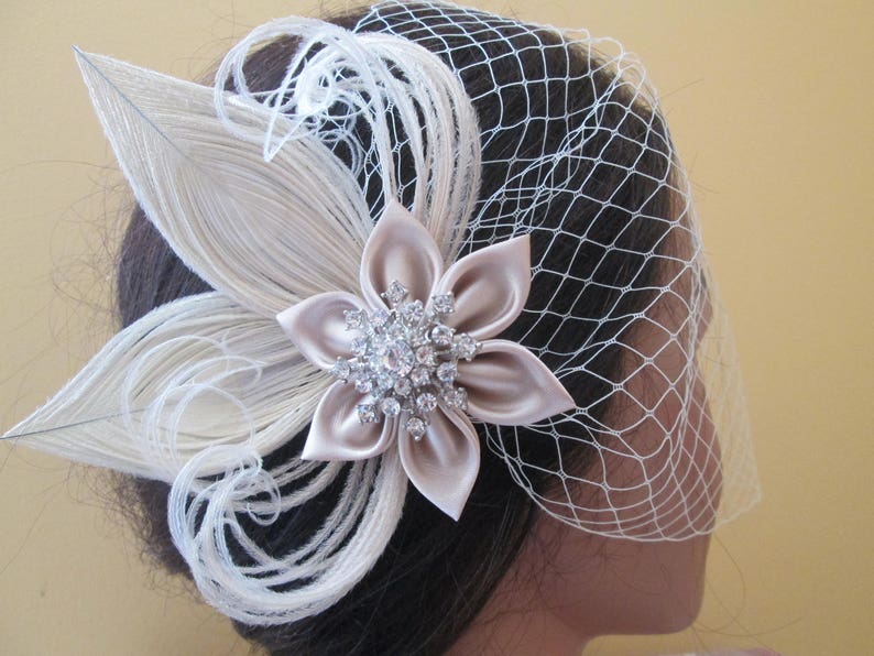 Champagne Bridal Hair Fascinator, Ivory Peacock Bridal Head Piece w/ Snowflake, Christmas December Bride, Rustic Bridal Blusher Veil image 1