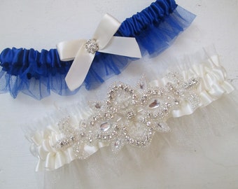 Ivory WEDDING Garter & Royal Blue Toss Garter Set, Ivory Bridal Garter Set, Tulle Garters, Bling- Crystals- Rhinestones, Rustic Garters