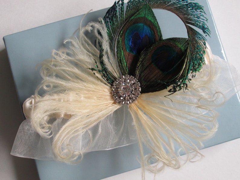 Peacock Wedding Garter Set, Ivory Sheer Bridal Garters w/ Rhinestone Crystal, Vintage 20s, Art Deco, Fairy Fantasy Wedding image 5