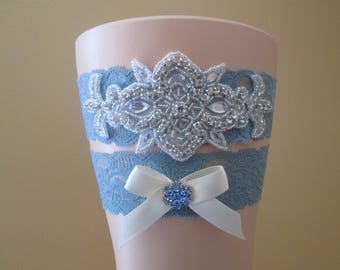 Dusty Blue Wedding Garter Set, Vintage Blue Bridal Garter, Something Blue Lace Garters w/ Bling, Slate Blue, Rustic Powder Blue Garter