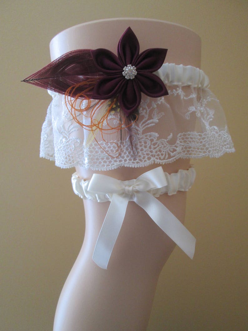 Autumn- Fall- Harvest Weddings Peacock Garter Rustic Garter Set Burgundy- Maroon WEDDING Garter Set Burlap /& Ivory Lace Garters