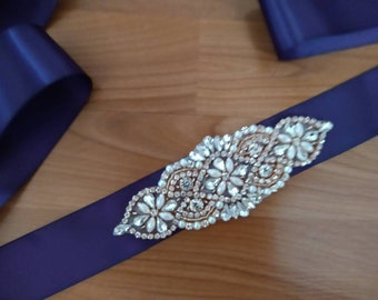 Purple & Rose Gold Bridal Sash, Plum Purple Wedding Sash, Rose Gold Blush Bridal Belt with Crystals, Beaded Sash