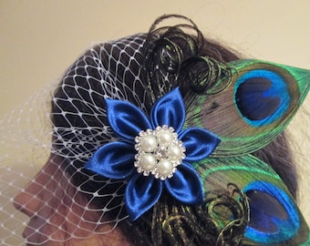 Sapphire Blue Wedding Fascinator, Royal Blue Peacock Feather, Hair Piece, Something Blue Bridal Head Piece, Bandeau Blusher Veil